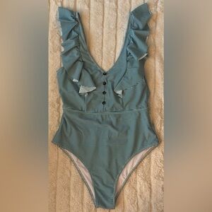 Cupshe Green and White Striped Ruffle Swimsuit Size Large